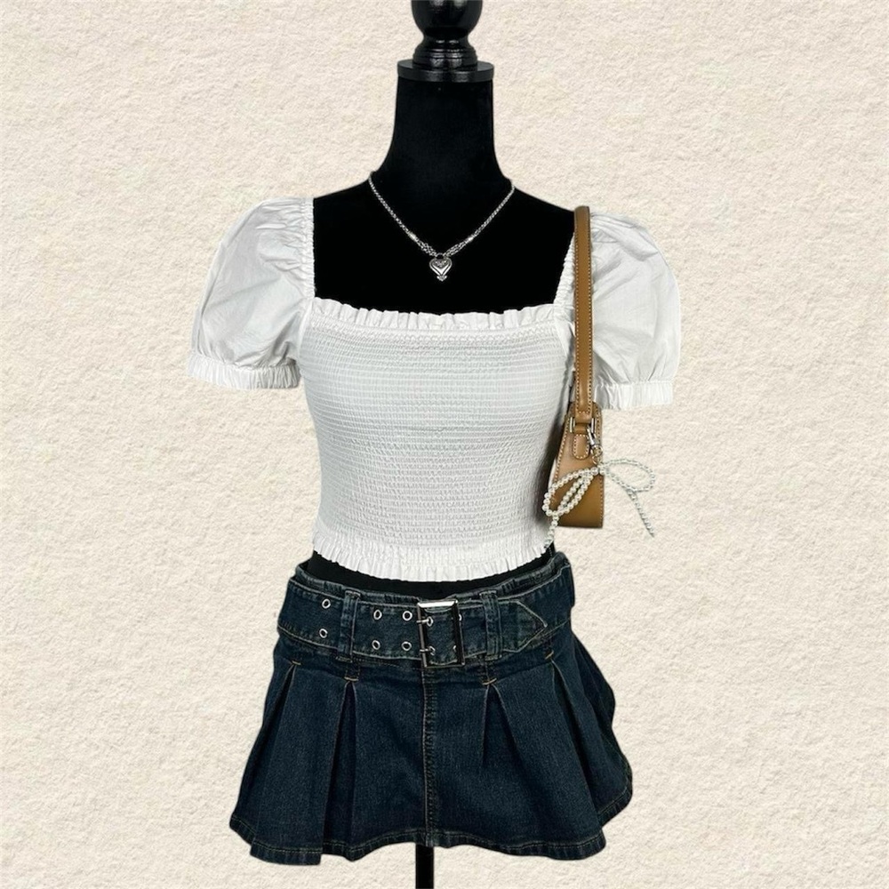 DKNY White Ruched Puff Sleeve Crop Top